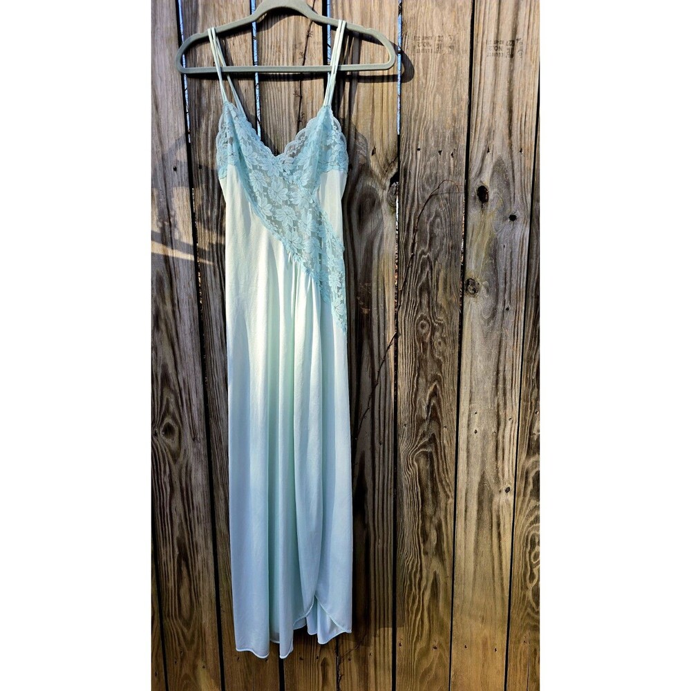 Vintage Slip Full Long Maxi Blue Nylon Lace S M Val Mode Nightgown Dainty